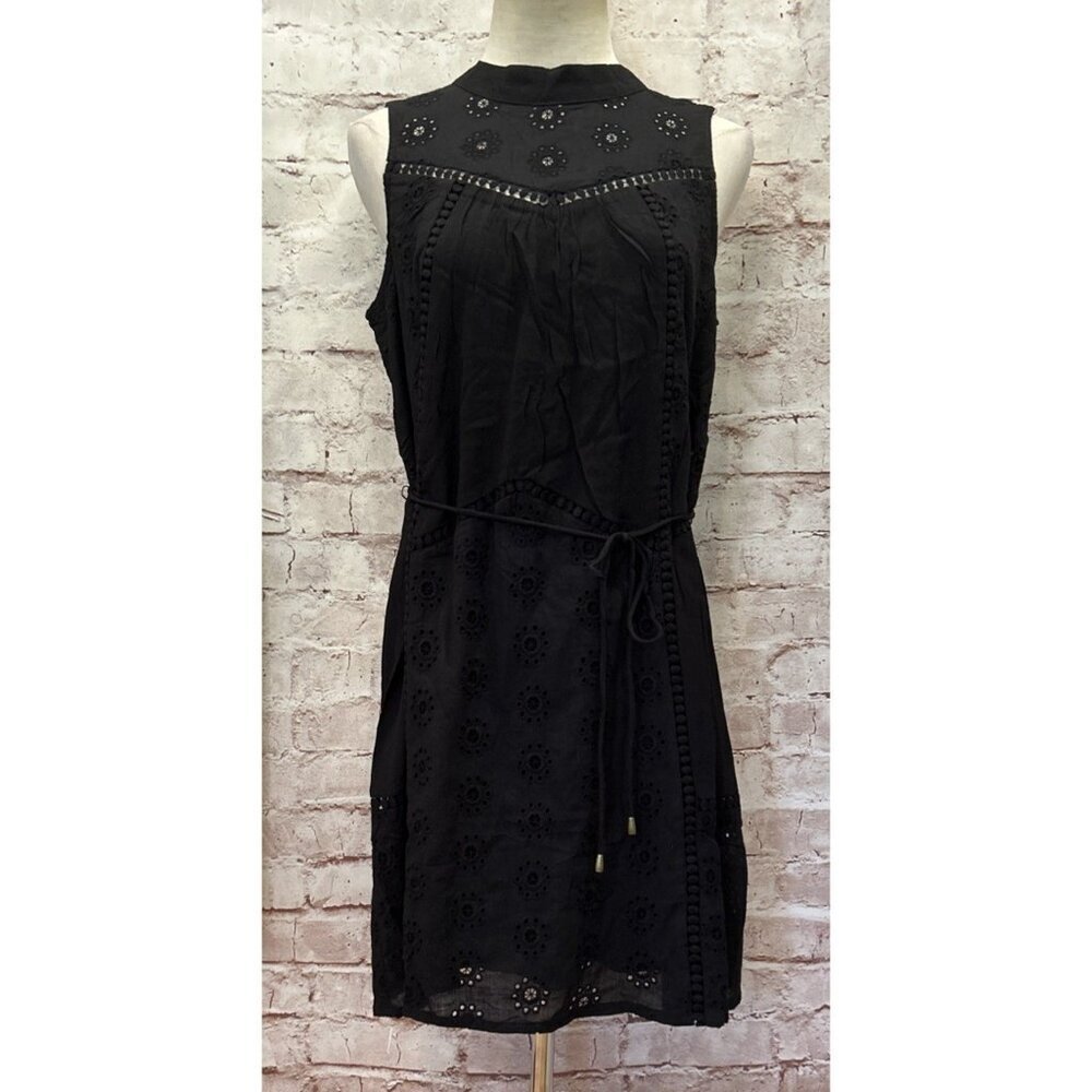 DOE & RAE Black Eyelet Lace Dress Sleeveless Tie Waist Cotton Womens XS NEW